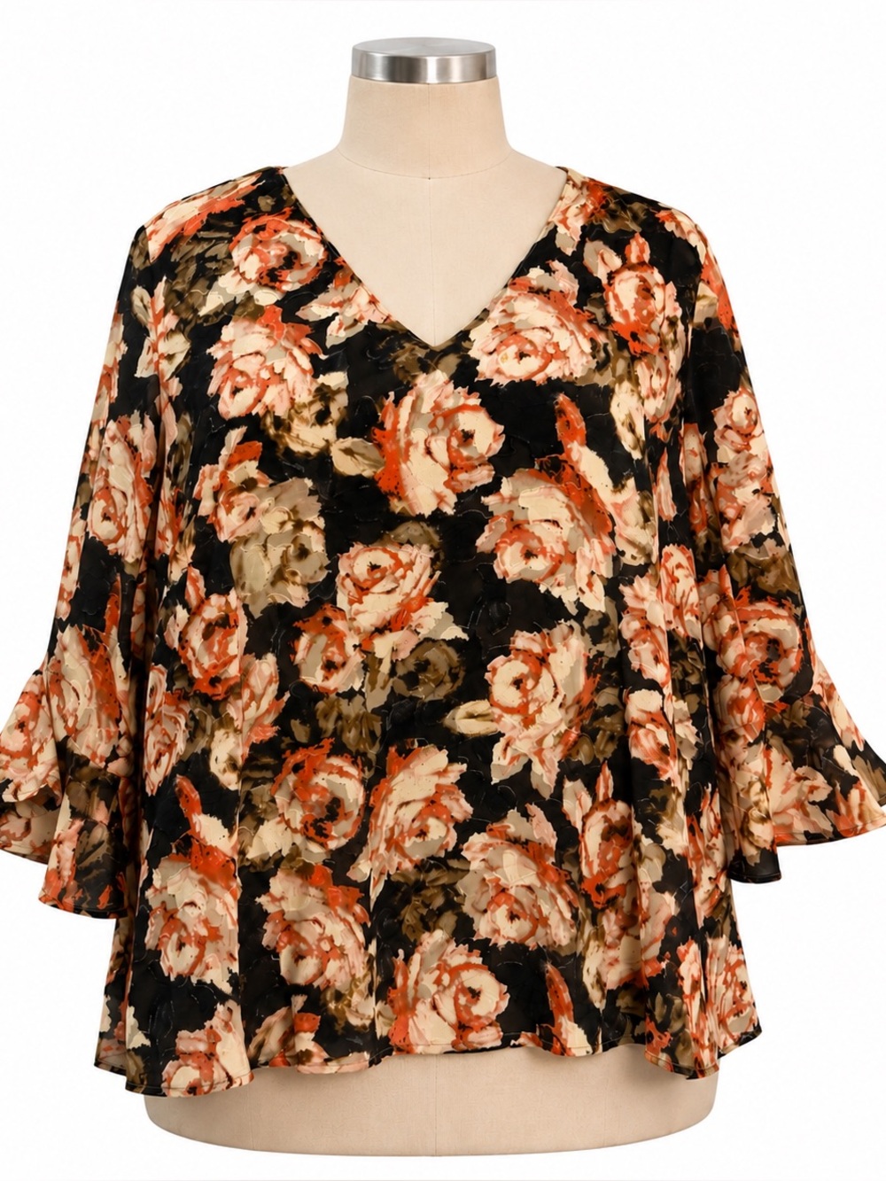 Catherines Black Floral V-Neck Bell Sleeve Blouse